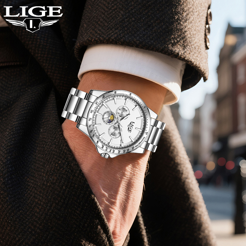 Luxury Watch Display - LIGE トップブランドの高級クォーツメンズ腕時計ファッションビジネスシンプルな防水夜光時計男性用ムーンフェイズ自動日付時計