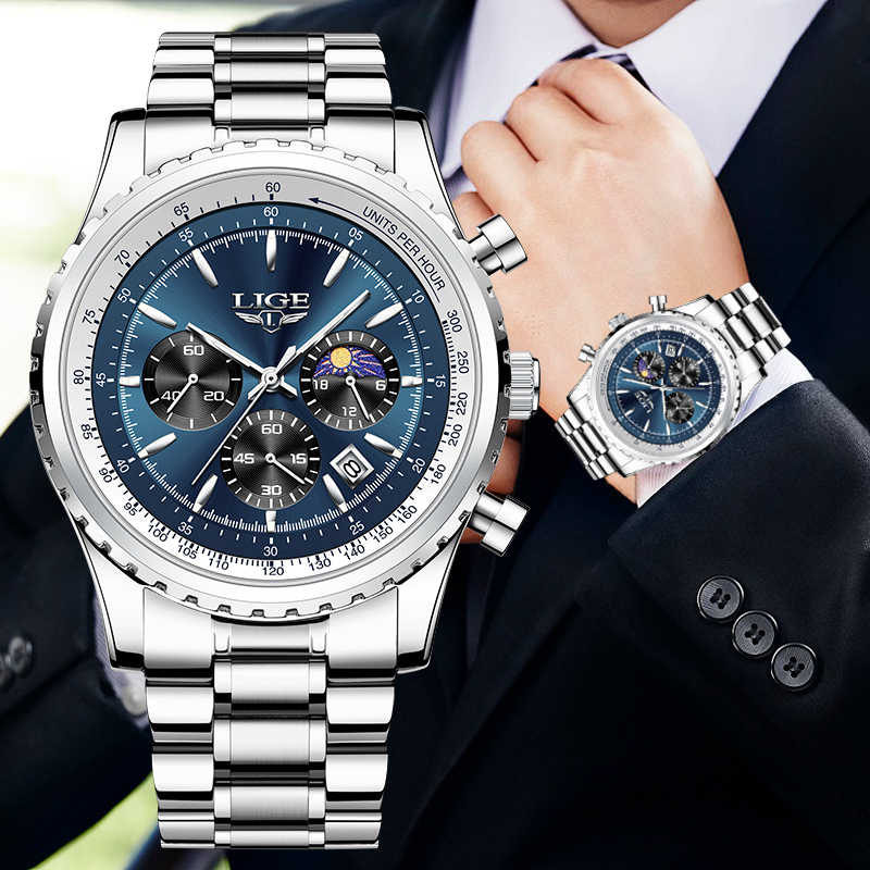 Luxury Watch Magazine - Lige-メンズラグジュアリークォーツ時計、月のフェーズ、ステンレス、カジュアル、スポーツ、防水、日付、素晴らしい腕時計、ブランド