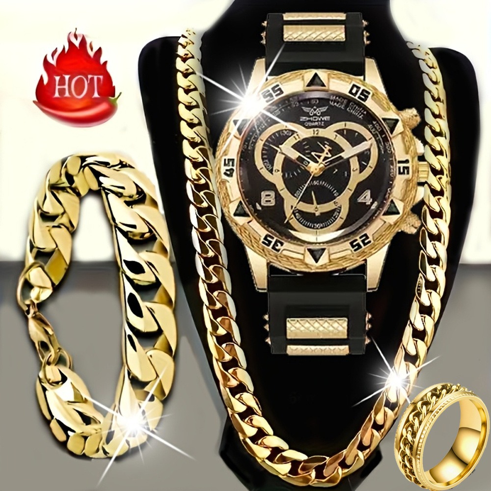 Luxury Watch Kit - 4点セットの高級メンズ腕時計とジュエリーセット、ネックレス、ブレスレット、指輪、ミニマリストクォーツ腕時計を含む