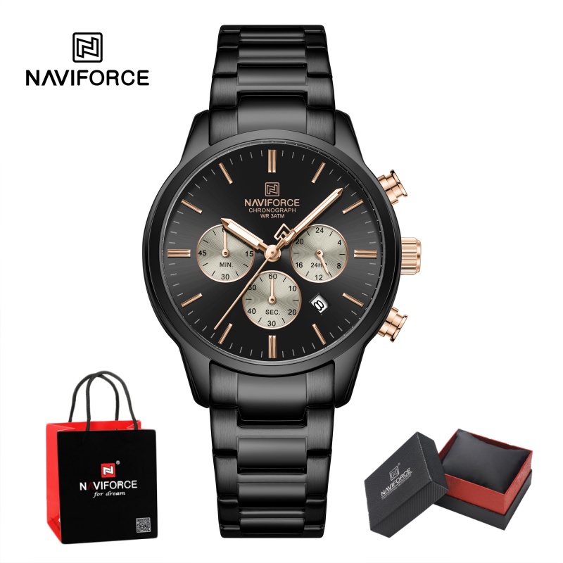 Luxury Watch Display - NAVIFORCE メンズクォーツクロノグラフウォッチ 防水 日付表示 スチールストラップ 男性用