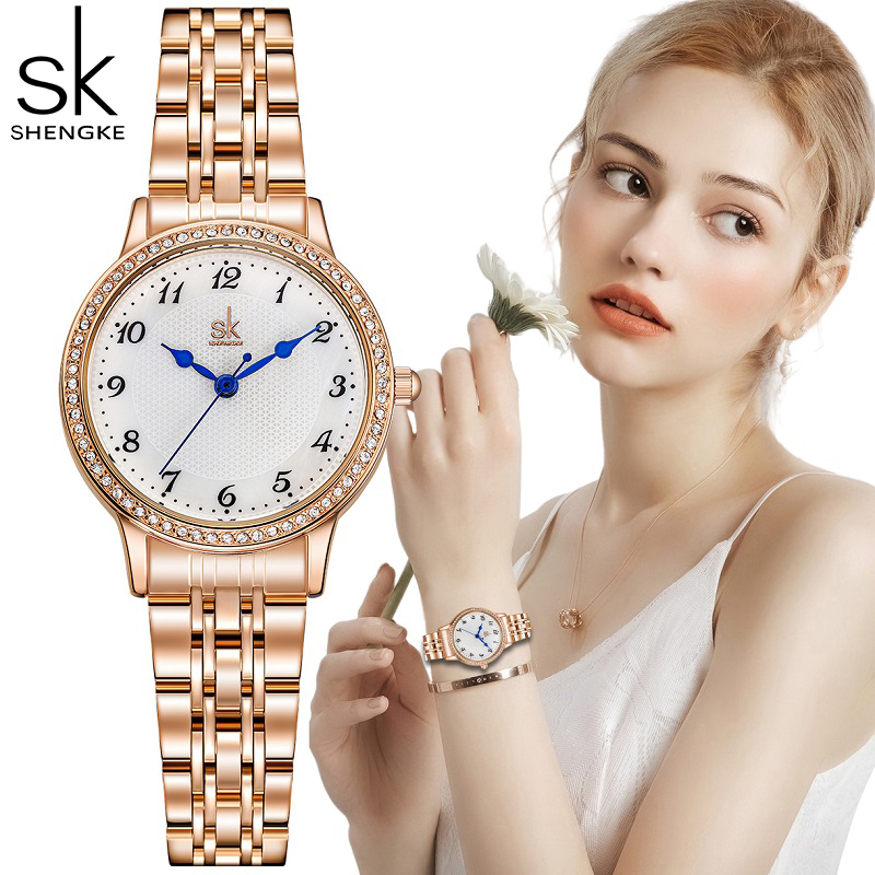 Luxury Watch Top 10 - Shengke-女性用ステンレススチール腕時計,ピンクゴールド,防水,発光,クォーツ,エレガント,シンプル,ブランド