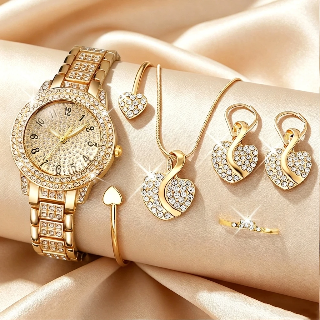 Luxury Watch Kit - 6 個のファッションラインストーン女性腕時計ハートジュエリーセット高級ブレスレットストラップレディースクォーツ腕時計レロジオ Feminino 時計