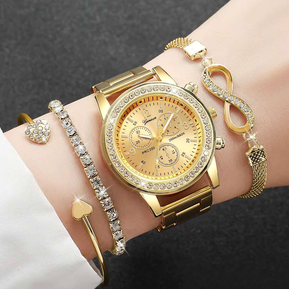 Luxury Watch Kit - 4 ピース/セット高級ラインストーン女性用腕時計ファッションレディースクォーツ時計ブレスレットセット Reloj Mujer（箱なし）