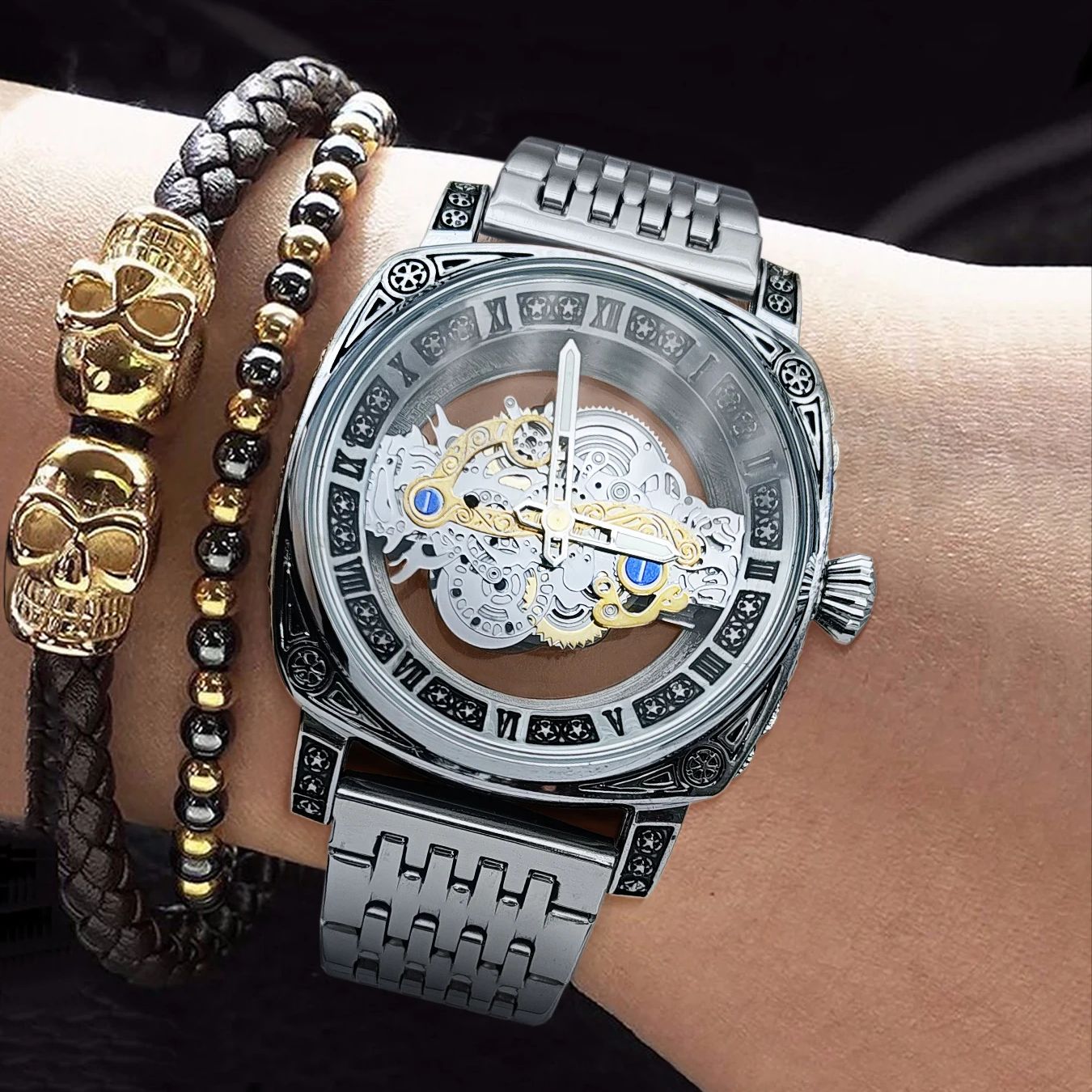 Luxury Watch Values - メンズ腕時計、スクエアハイエンドビジネスクォーツ腕時計、中空デザイン、夜光性と防水性、ヨーロッパとアメリカのスタイル、高価値、軽い贅沢、ファッショナブル、シンプル、ユニーク、クール、ストリートスタイル、トレンディなメンズ腕時計、彼への最高の贈り物