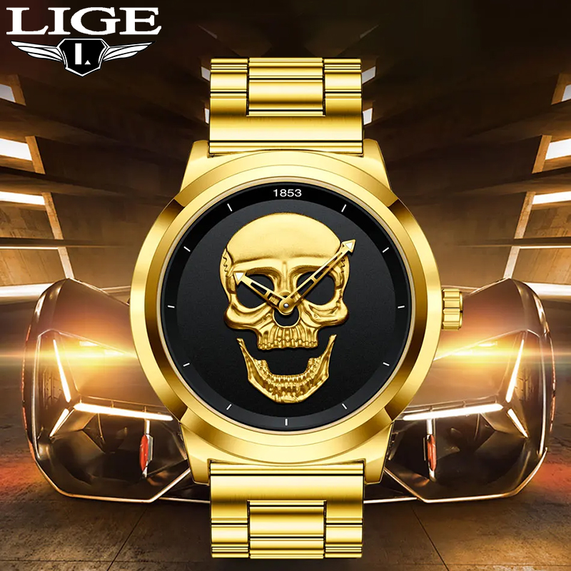Luxury Watch Magazine - Lige-男性用クォーツ腕時計,スケルトン,クリエイティブ,3D,頭蓋骨,ステンレス鋼,防水,スポーツ時計,カジュアル,ボックス,高級トップブランド
