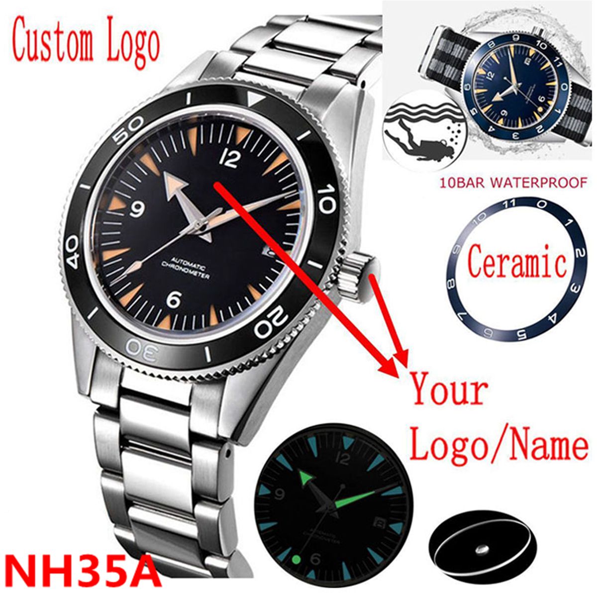 カスタムロゴ NH35 ムーブメント腕時計 10bars メ - Luxury Watch Market のレビューと価格