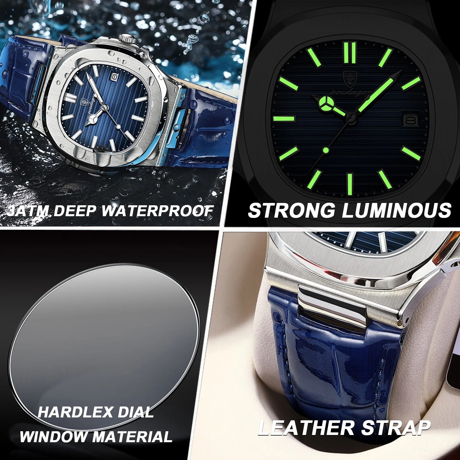 Poedagar トップ高級スクエアマン腕時計日付防水発光メ - Luxury Watch Top 10 のレビューと価格
