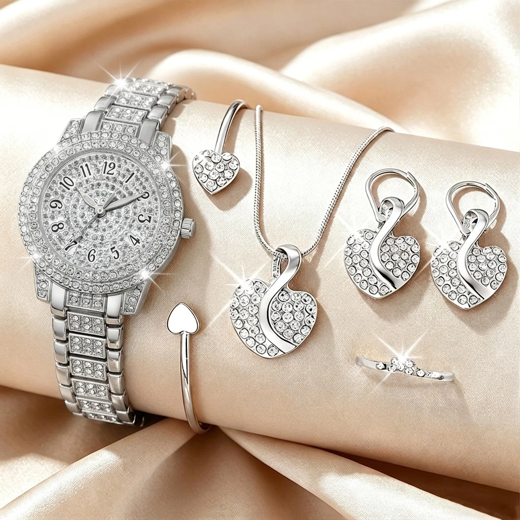 6 個のファッションラインストーン女性腕時計ハートジュエリー - Luxury Watch Kit のレビューと価格