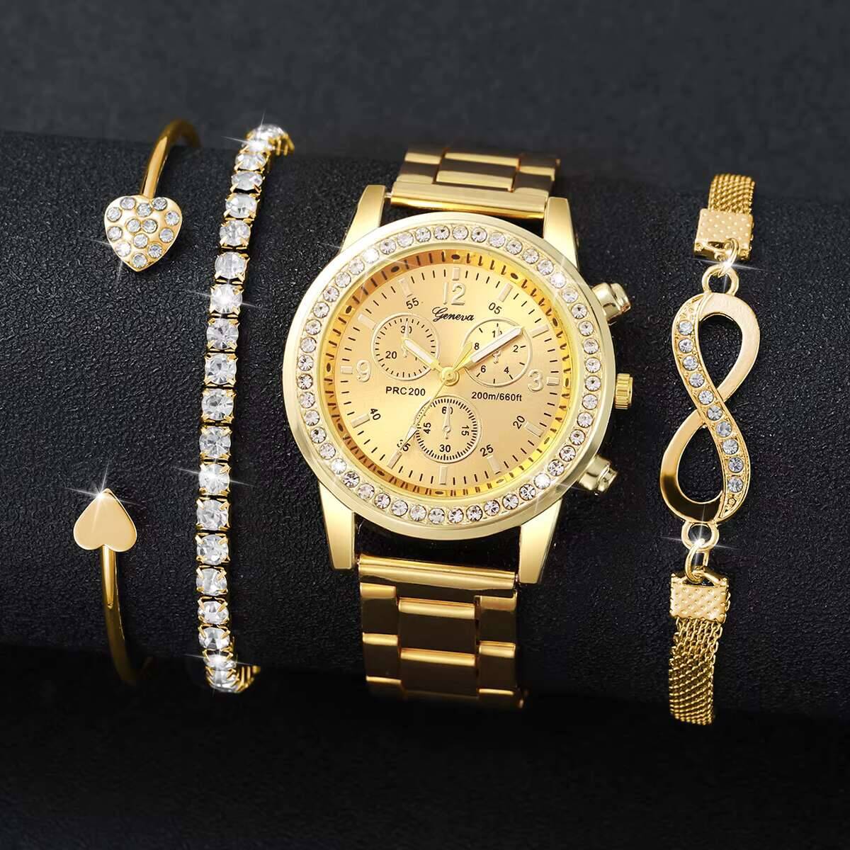 4 ピース/セット高級ラインストーン女性用腕時計ファッション - Luxury Watch Kit のレビューと価格