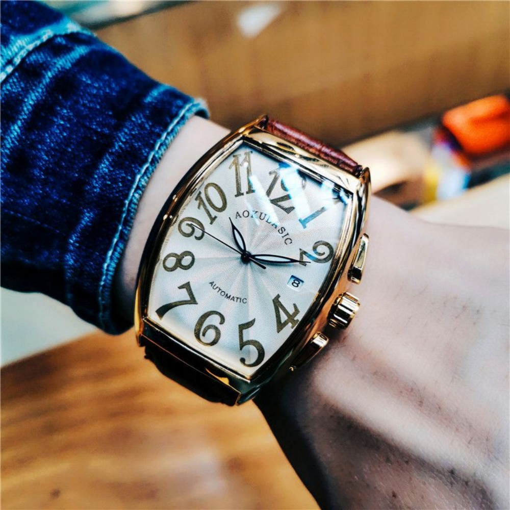 豪華なメンズ機械式時計、樽型スケルトンレザーストラップメンズ - Luxury Watch Values のレビューと価格