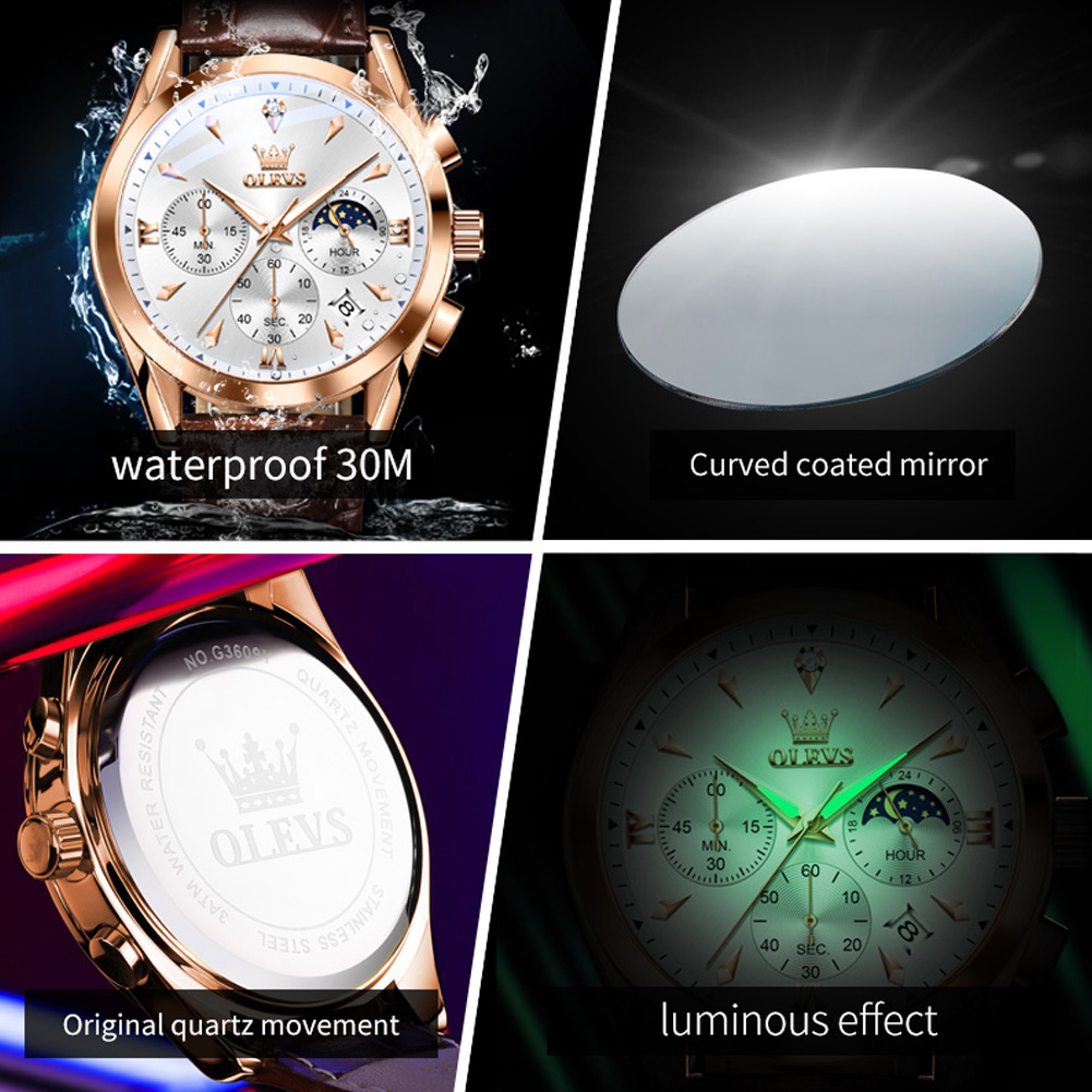 Olevs-メンズレザークォーツ時計,防水,発光,カレンダー - Luxury Watch Magazine のレビューと価格
